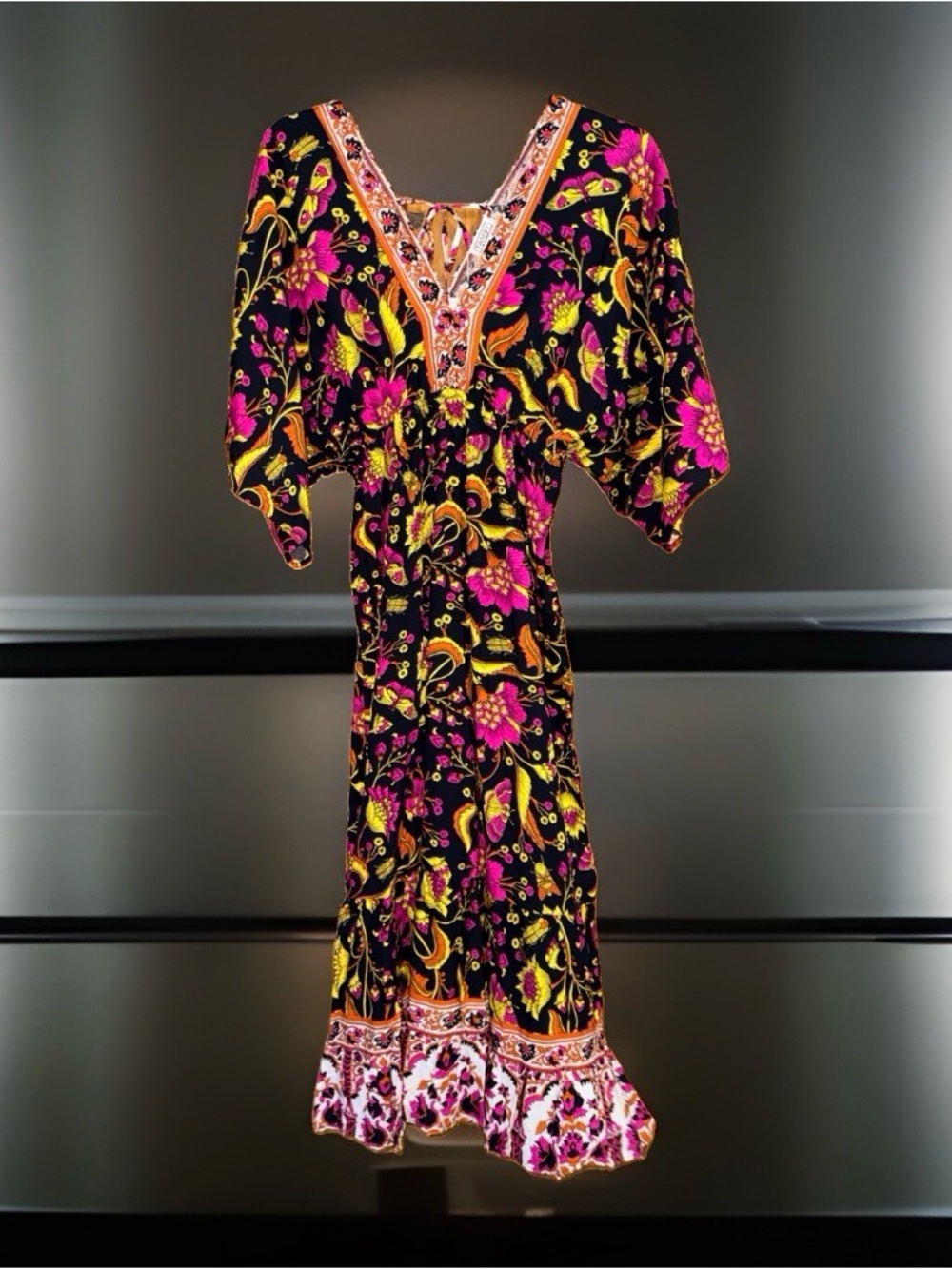 NWT TAMSY Black Floral V-Neck Maxi Dress w/Pink & Yellow Accents-OSFM